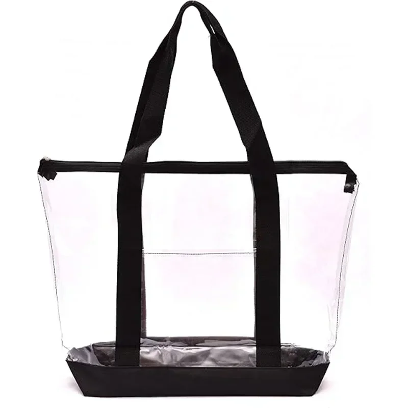 STR8 Handy Laundry Clear Tote Bag - Zipper Closure, Long Shoulder Strap, Fabric Trimming. (Black)