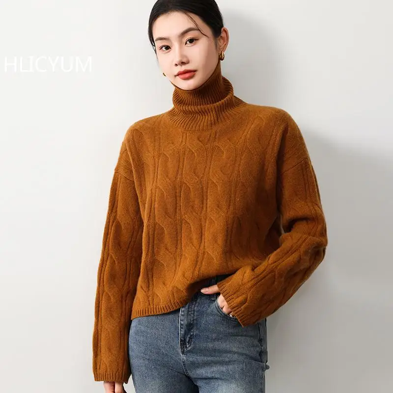 Women's Clothing 100% Wool Beige Sweater Turtleneck Loose Casual Jumpers Pullover Soft Short Outerwears Winter Thicked