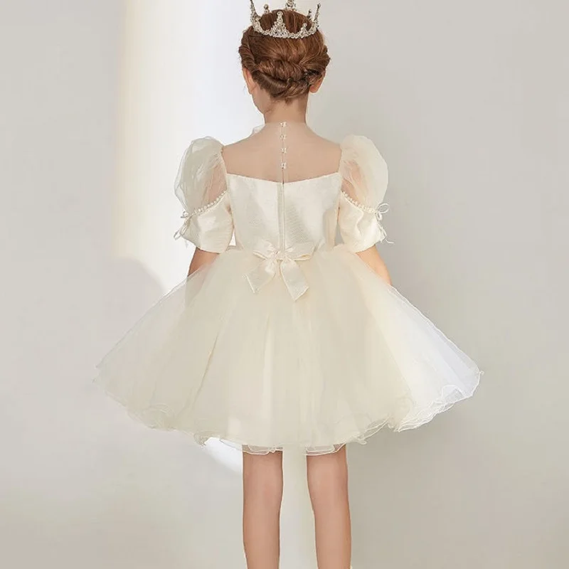 Fashion Baby Girl Princess Tutu Dress Pearl Puff Sleeve Infant Toddler Bow Vintage Vestido Party Pageant Baby Clothes 1-10Y