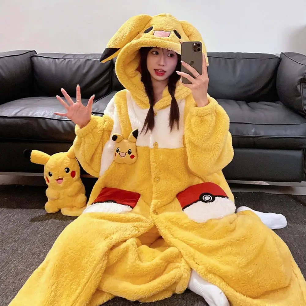 Anime My Melody Women Plush Pajamas Robe Set Sanrioed Cartoon Kawaii Kuromi Homewear Winter Long Style Thickened Nightgown Sweet