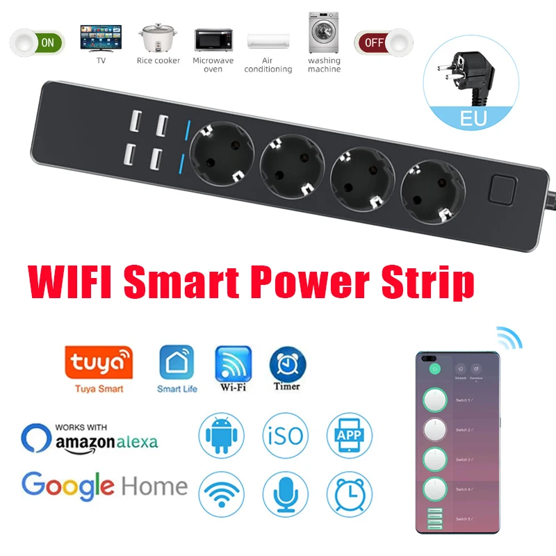 Smart Power Strip with 4 EU Outlets Plug 4 USB Charging Port Timer Switch Socket App Voice Control Multi-functional Socket