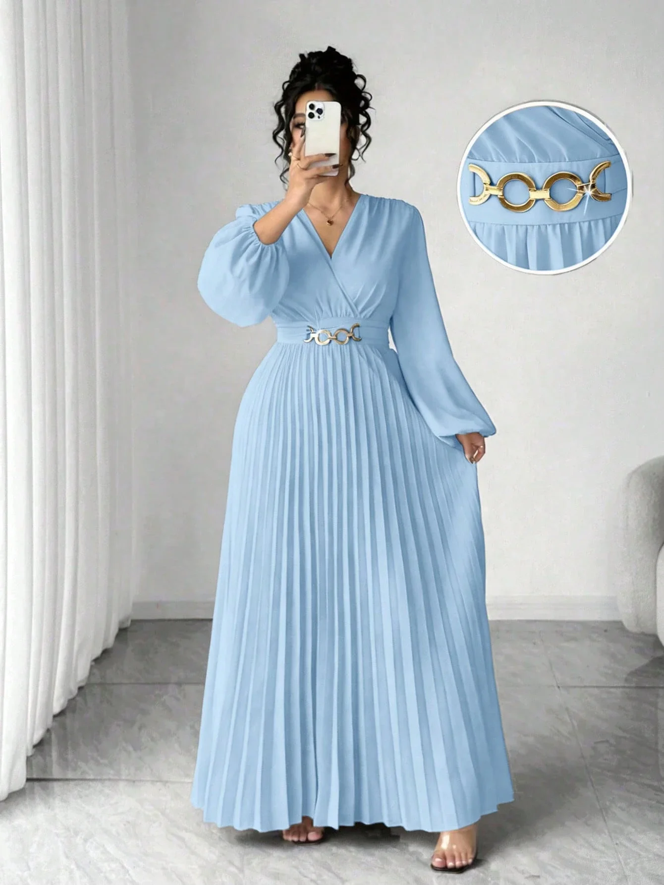 

Light Blue Plus Size V-Neck Long Sleeve Pleated Maxi Dress With Metal Belt
