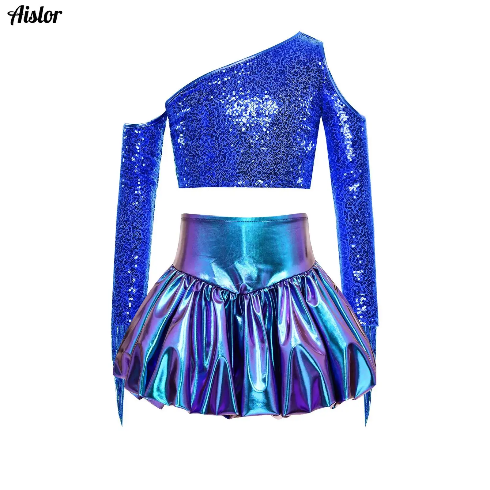 

Kids Girls Metallic Shiny Cold Shoulder Long Sleeve Tassel Crop Top with Bubble Skirt Set for Disco Jazz Dance Party Performance