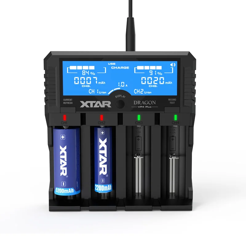 XTAR DRAGON VP4 PLUS Smart Battery Charger LCD with Pouch Probes Adapter and Car Charger for Li-ion/Ni-MH 18650 Battery Pack