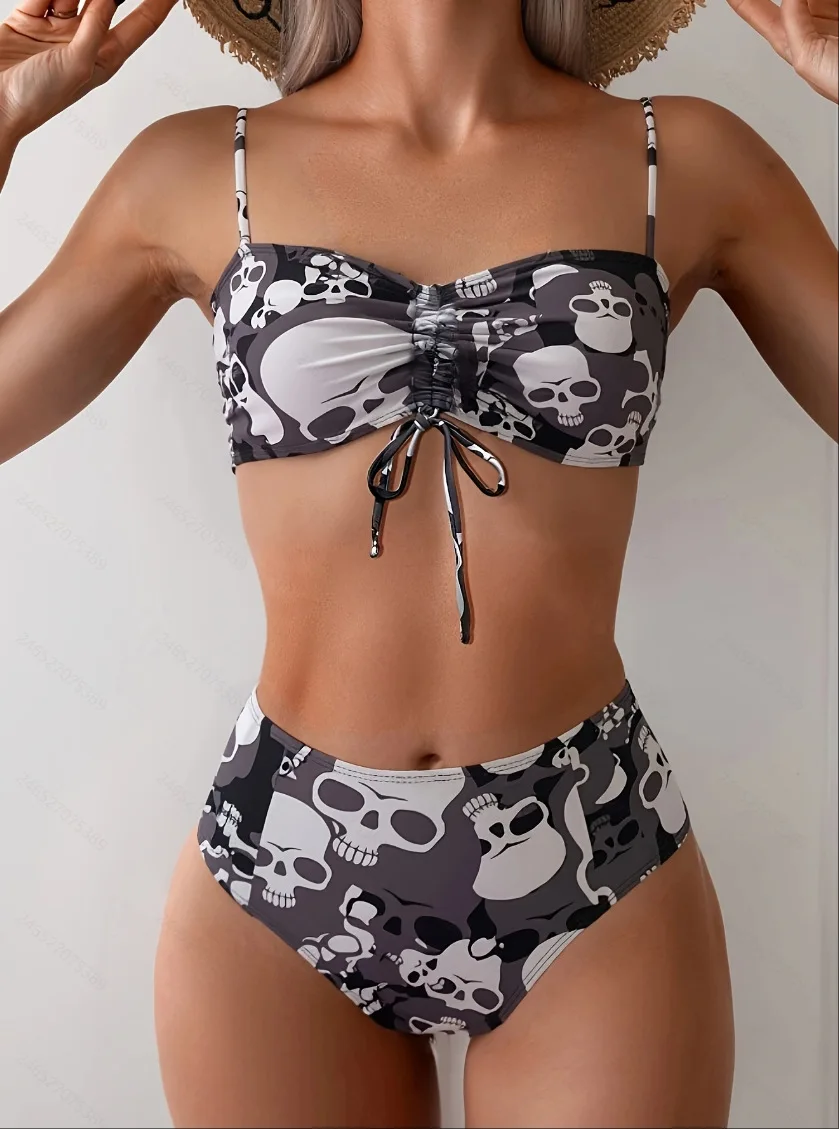 

2025 Sexy Skeleton Print Bikini Set Women's Stretchy Bandeau Top & Tie-Side Bottoms Halloween Themed Swimsuit Beach Pool Holiday
