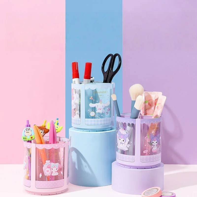 

MINISO Sanrio Cinnamoroll Kuromi Rotating Pen Holder Storage Box Cartoon Office Kawaii Student Cute Anime Desktop High-capacity