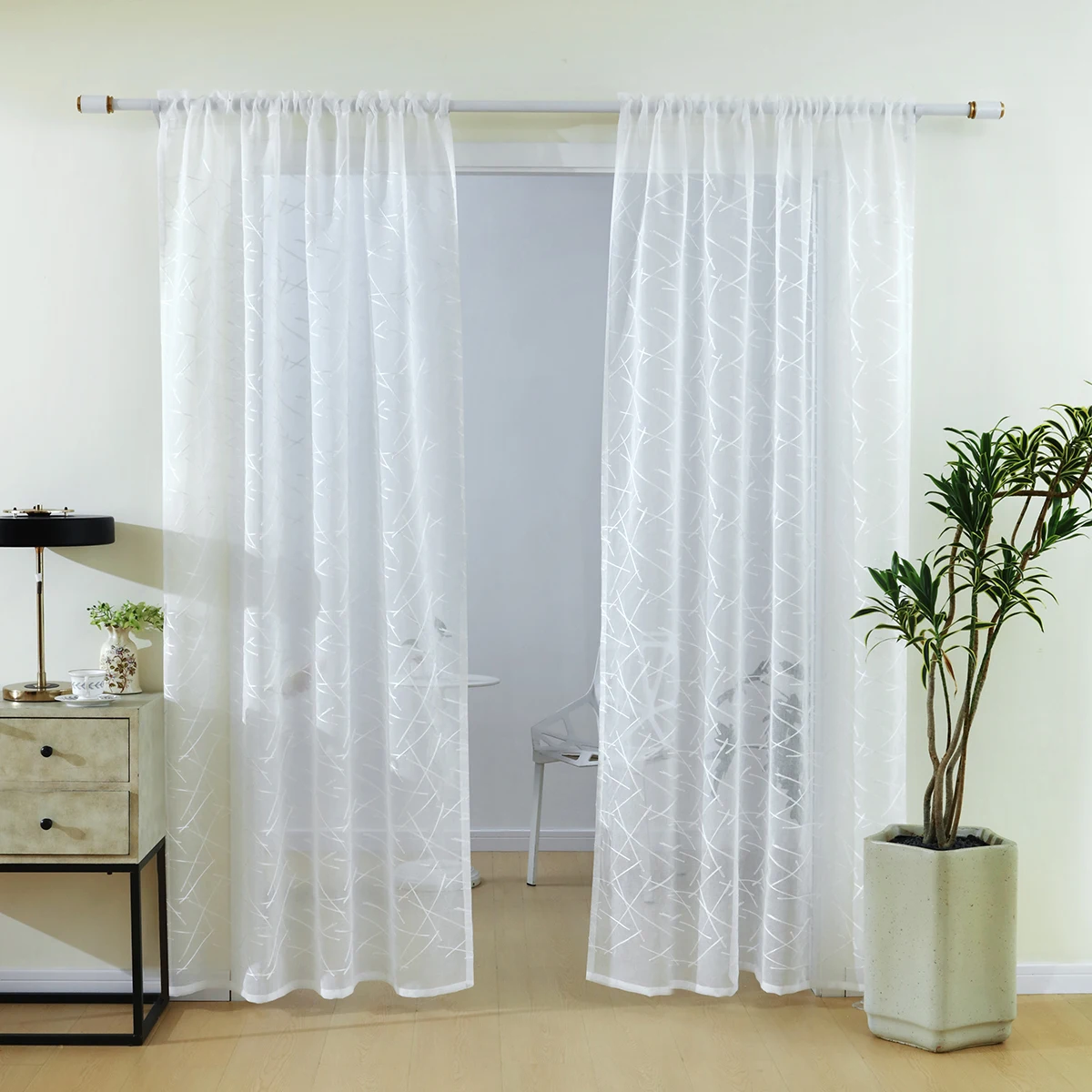 1pc White Embroidered Gauze Curtain,Rod Pocket, Minimalist Line embroidery Sheer Curtain, for living room and bedroom,Home Decor