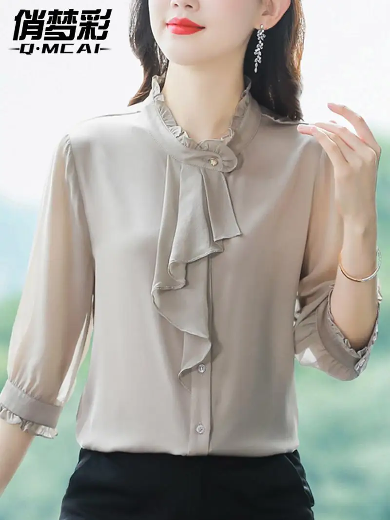 High End Brand Temperament Seven Quarter Sleeve Chiffon Shirt Women\'s Spring Autumn New Style Small Shirt Top Stylish Small Shir