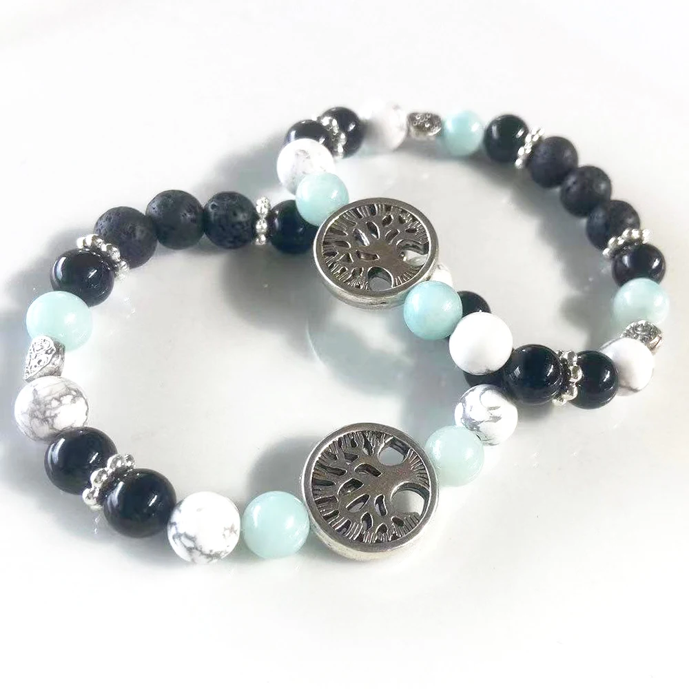 

MG2164 8 MM Amazonite Black Tourmaline Lava Rhodonite Gemstone Mix Bracelet Womens Tree of Life Stress Relief Wrist Yoga Mala