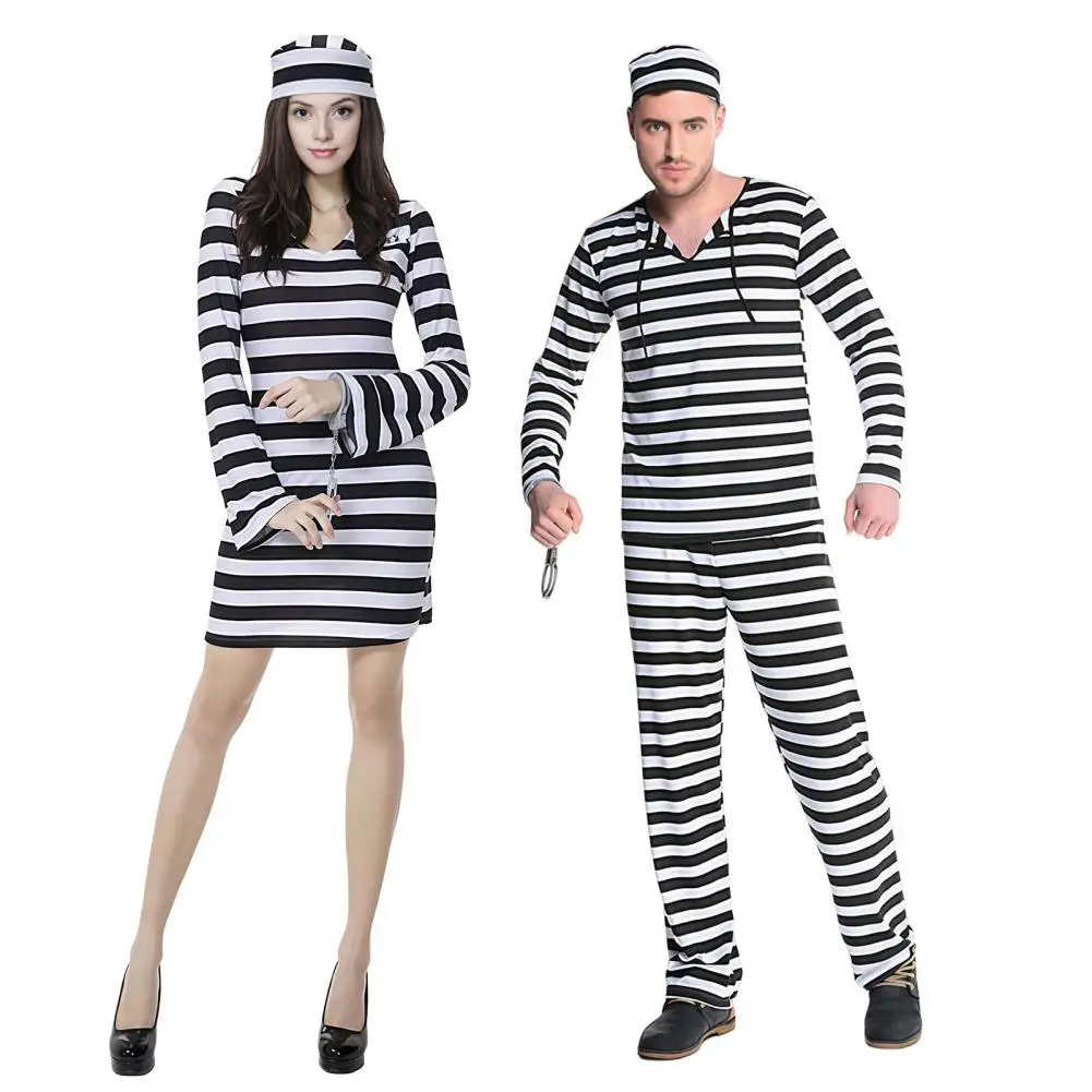 Disfraz de Prisionero para Mujer Adulta, Vestido Mini a Rayas, Pantalones y Top para Hombre, Uniforme de Recluso para Halloween con Sombrero y Esposas