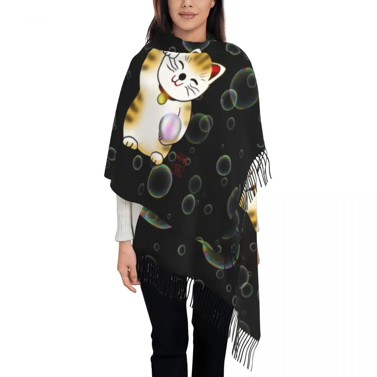 Personalized Print Maneki Neko With Pearl Scarf Women Men Winter Fall Warm Scarves Lucky Cat Shawls Wraps