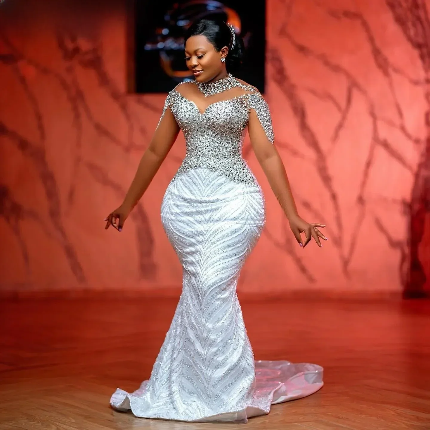 

Customized Arabic Aso Ebi White Mermaid Wedding Dresses Beaded Crystals Detachable Train Satin Bridal Gowns Dresses