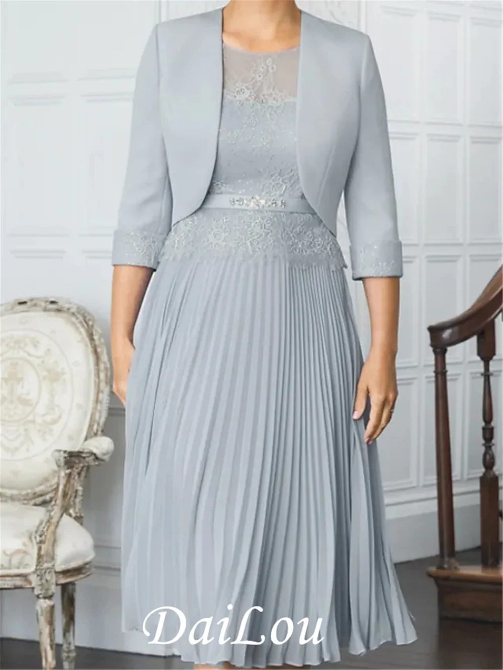 Vestido de talla grande para madre de la novia, prenda elegante con ilusión de cuello, joya, longitud de té, gasa con pliegues y bordado de lentejuelas