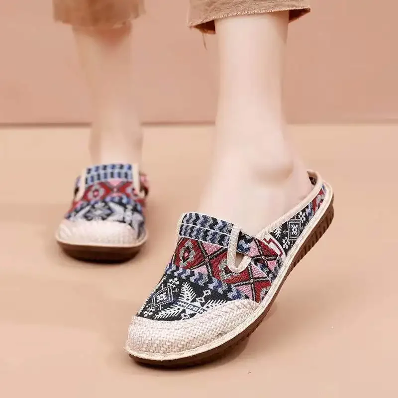 Womens Ethnic Style Slippers Fashion Women Shoe Wedge Cloth Shoes with Soft Soles Walking Shoes Slip-on Mules Zapatilla De Mujer