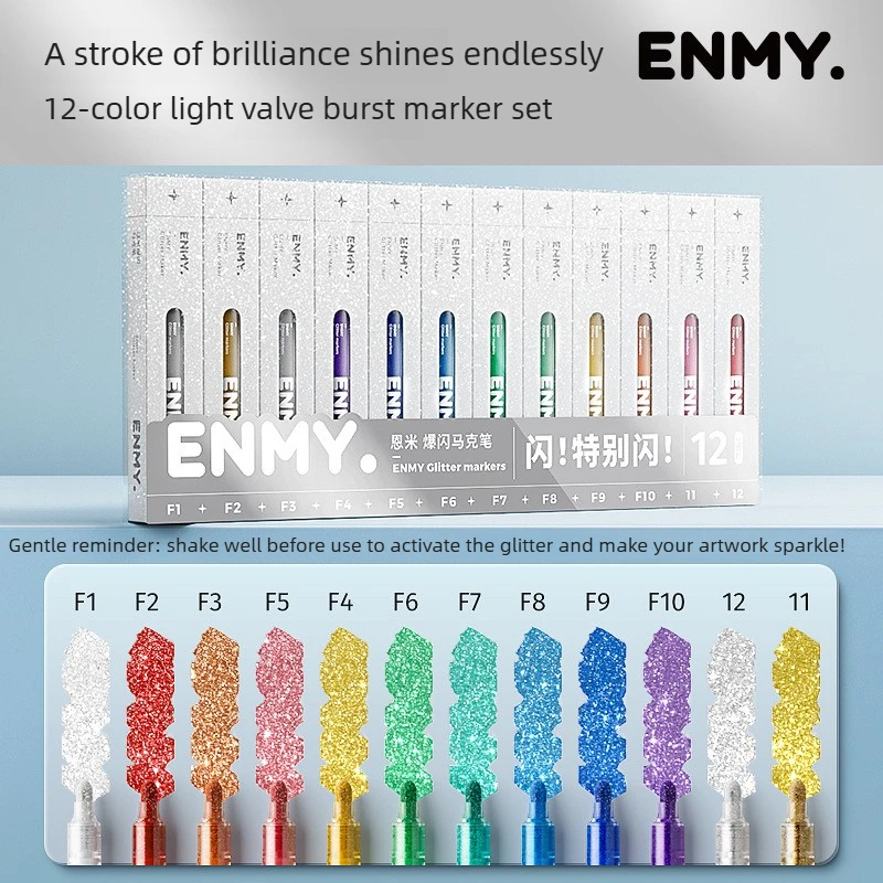 

ENMY 12-цветные супер блестящие цветные маркеры со световым клапаном и блестящими большими частицами, канцелярские принадлежности, художественные школьные канцелярские принадлежности