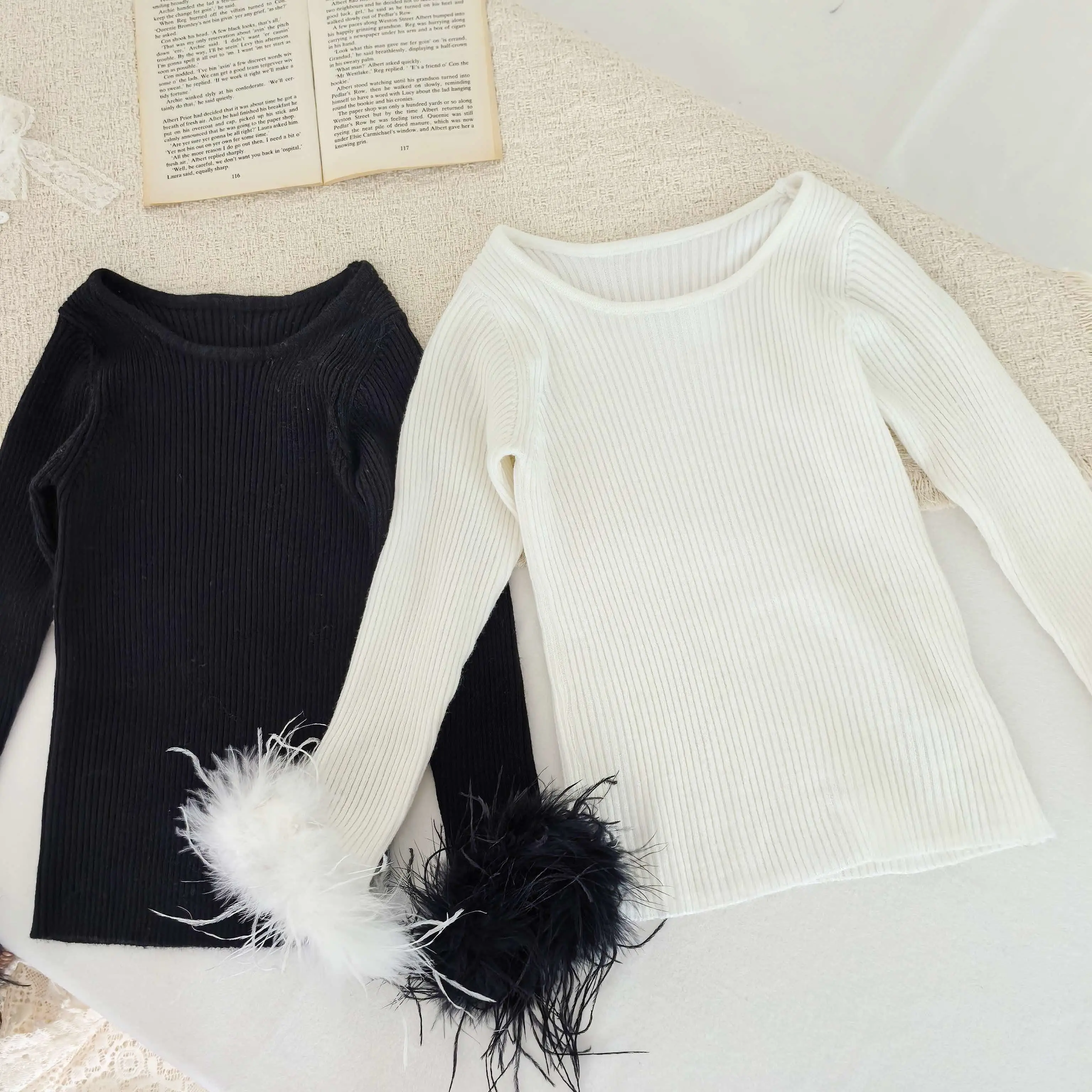 Toddler Baby Girls Ribbed Knit Long Sleeve Top O-Neck Feather Cuff Slim Fit Undershirt Kids Spring Autumn Basic Bottoming Shirt