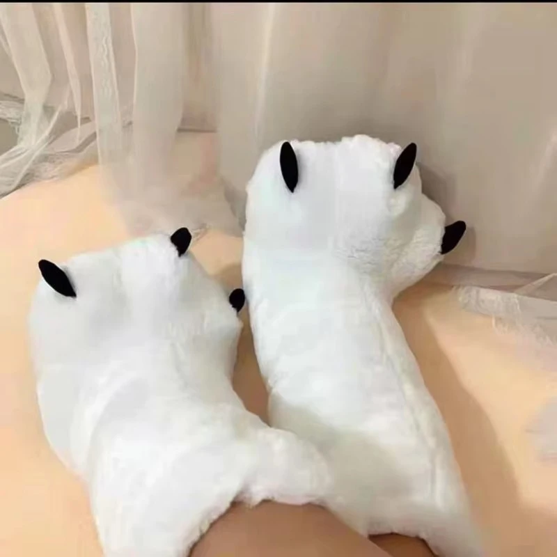 2024 New Cute Bear Claw Winter Slippers Women Indoor Plush Cotton Shoes Furry Warm long boots slippers walk around home