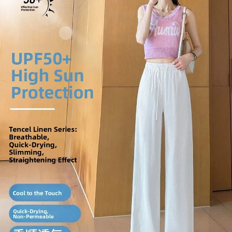Белые хлопковые и льняные широкие брюки женские летние тонкие маленькие размеры с высокой талией и драпировкой Sensation High End Slim Straight Casual Trou...