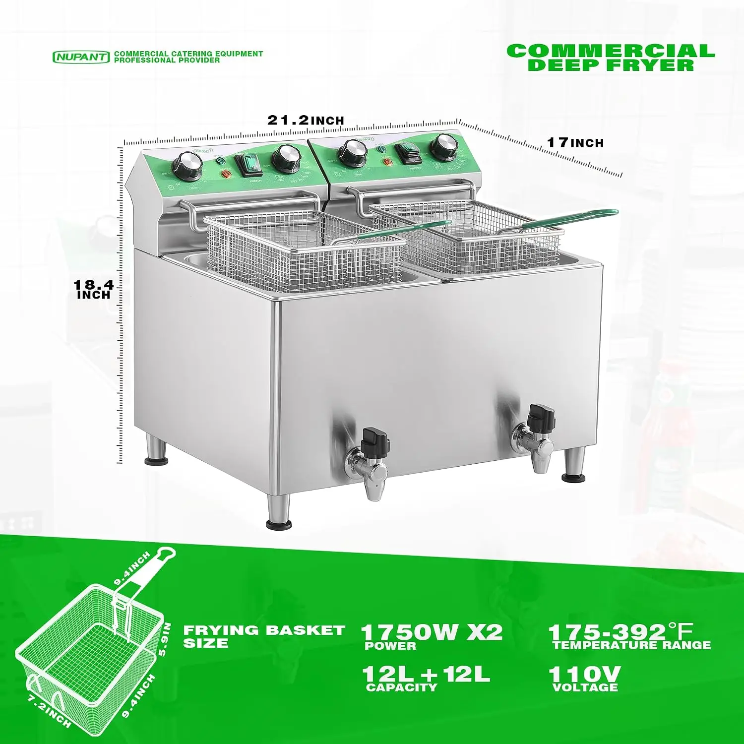 ^25.3QT/24L Commercial Deep Fryer with Oil Filtration and Timer Electric Deep Fryer with 2 Baskets and Lids Dual Tank Stainless 6