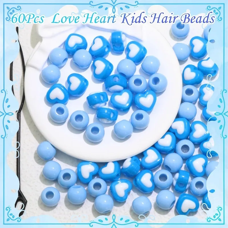 60Pcs Acrylic Heart Hair Beads for Braids, Two-Color Love Round Beads with Crochet Tool, Pony Loc Beads for Kids Girls Hairstyle