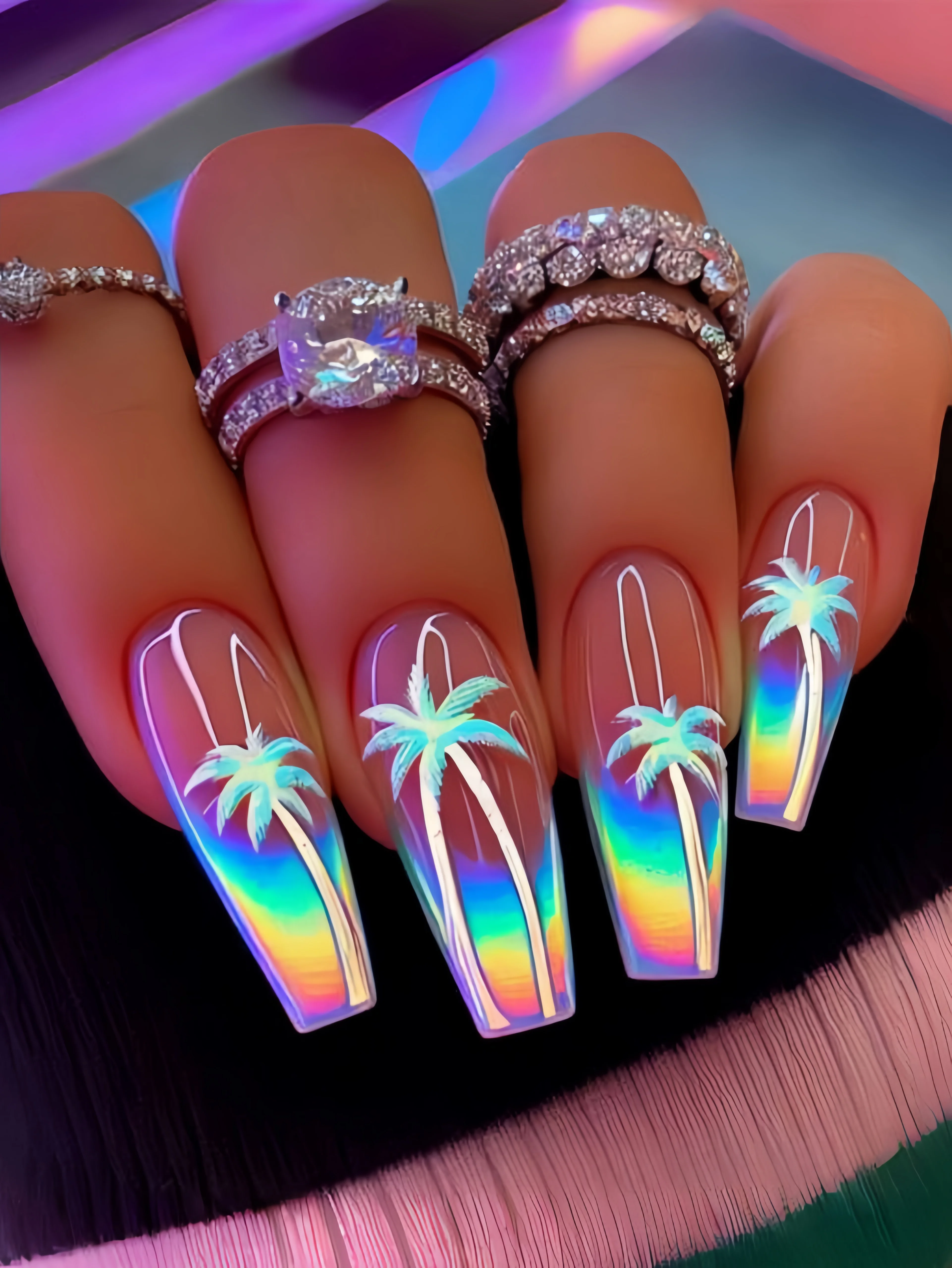 

Long ballet-shaped nail art patches, multi-color striped coconut tree shiny nail art, fashionable, individual and high-end. Fals