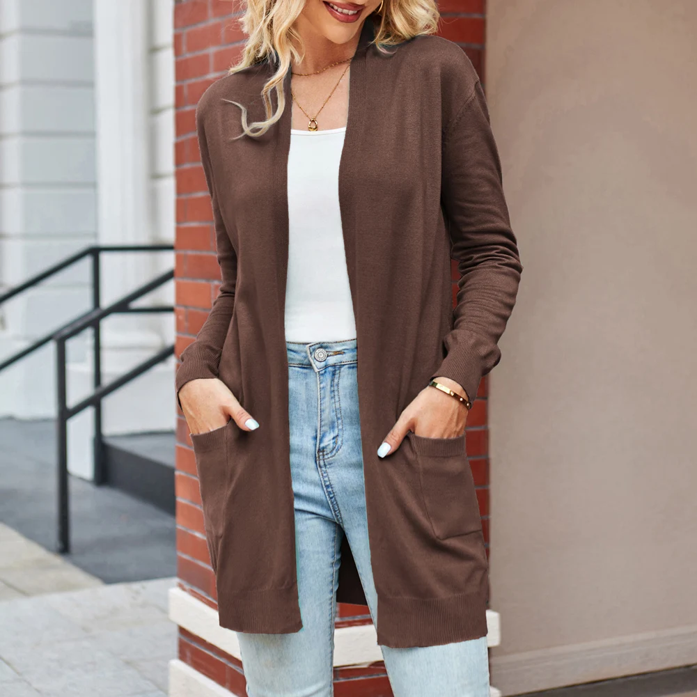 GK Women Jackets Coats Mid-Thigh Knitwear Cardigan Sweater With Pockets Long Sleeve Open Front High Stretch Soft Knitting Coat