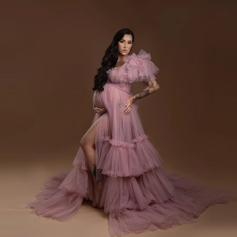 

Dusty Pink Sheer See Thru Tulle Maternity Robes Front Open Illusion Pregnancy Photography Long Dresses One Shoulder Ruffled Gown