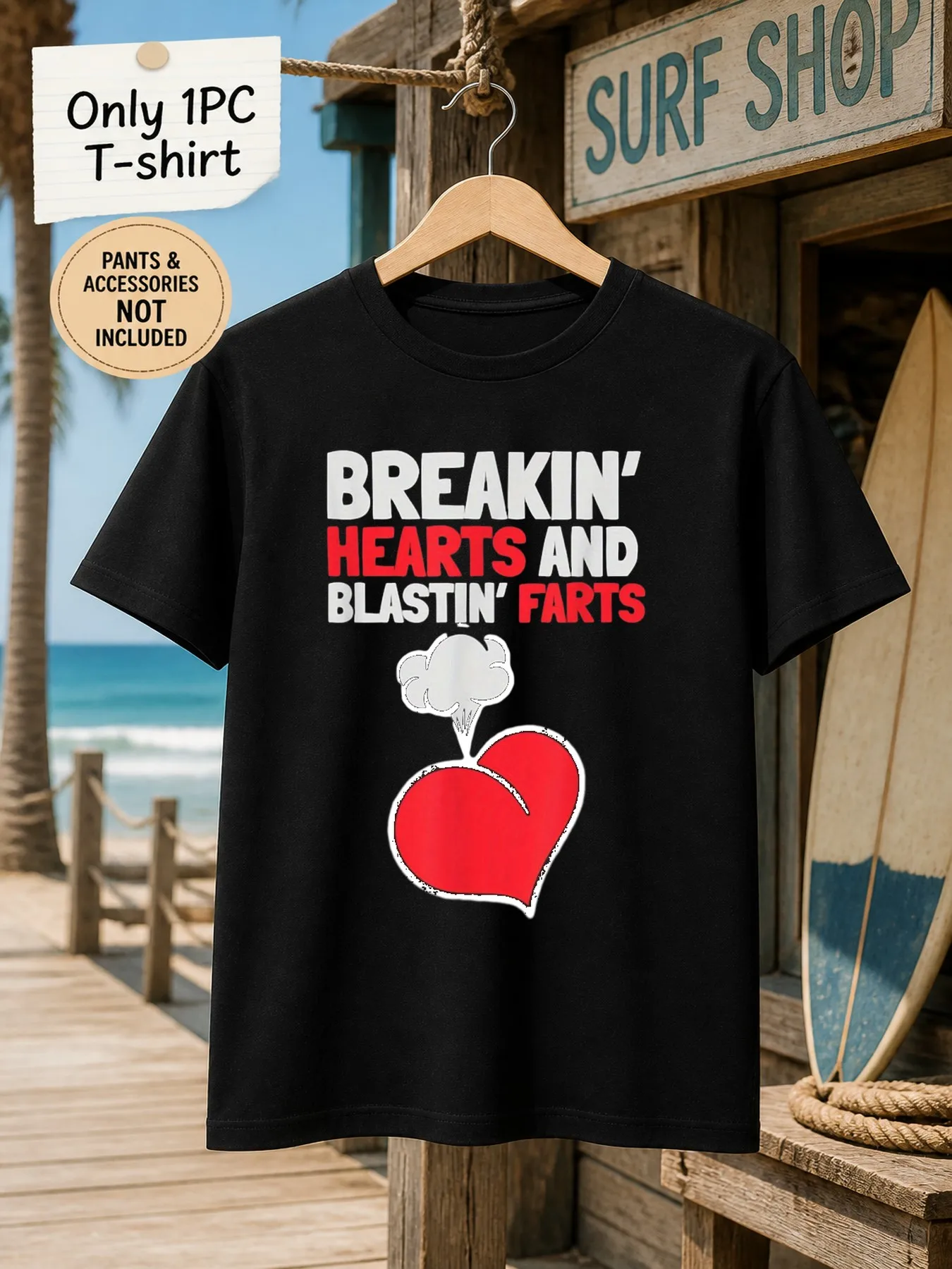 1pc Mens Graphic T Shirt Breakin Hearts And Blastin Farts Short Sleeve Crew Neck[solely 1pc T-SHIRT]