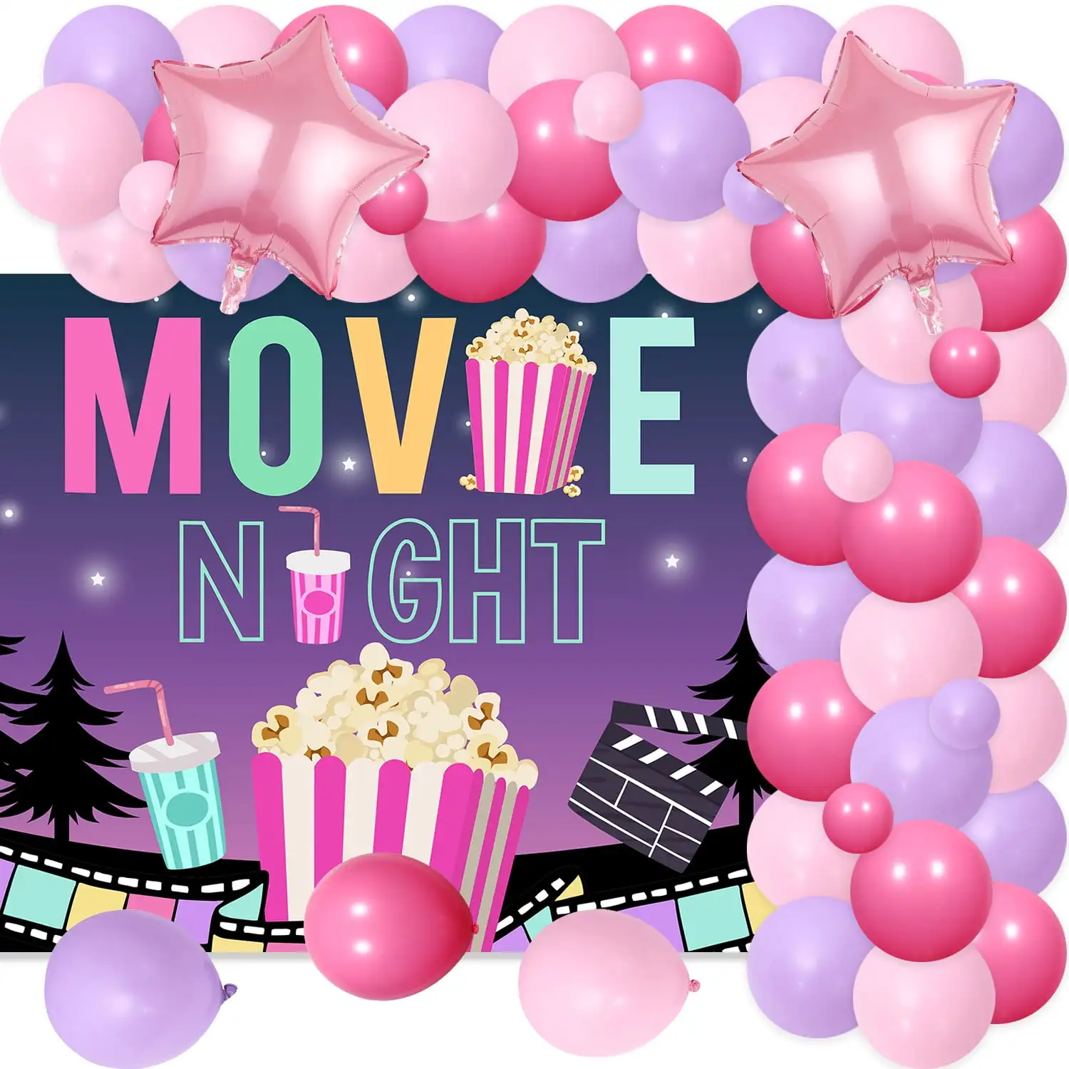 Pink Movie Night Birthday Balloon Arch, Backdrop Star, Foil Balloon for Girl, Party Decorations