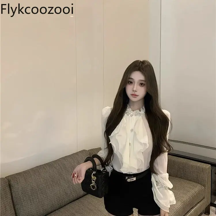 Sexy Female Diamond Lotus Collar Long Sleeve Shirt Female Autumn Waist Slimming Shirt Black Shorts Ensemble Femme 2 Pièces Été