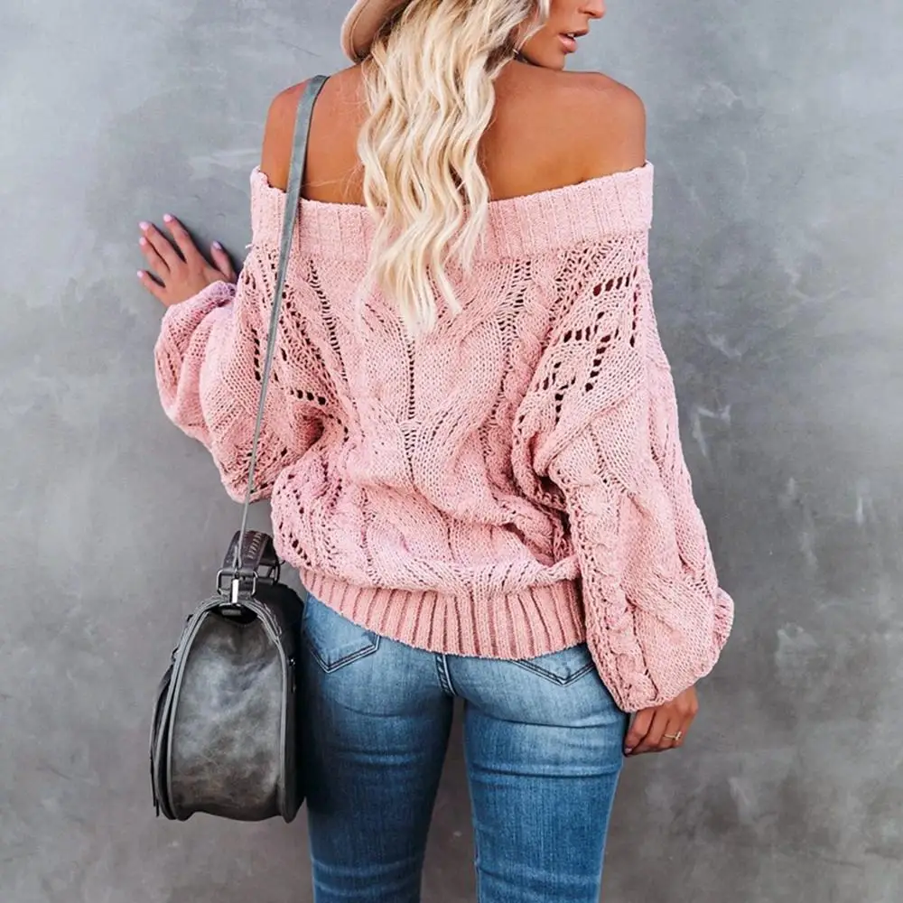 Autumn Women Sexy Off Shoulder Loose Knitted Top Femme Casual Long Sleeve Hook Flower Hollow Sweater Lady Streetwear y2k Tops