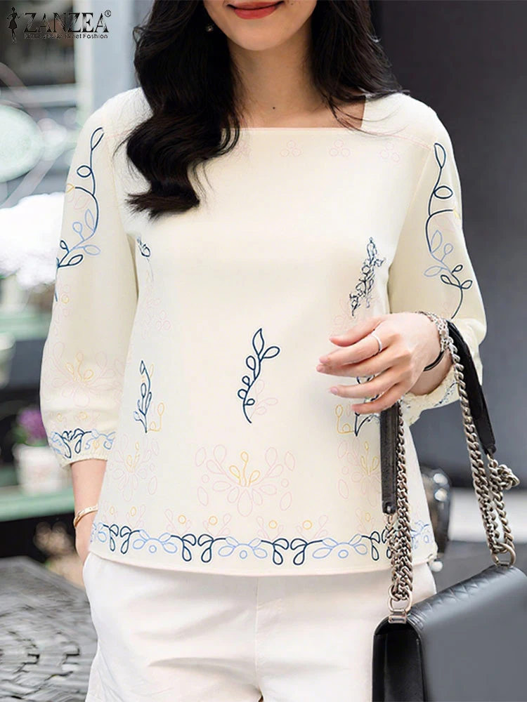 

ZANZEA Floral Blouse Women Summer Tops 2025 Fashion 3/4 Sleeve Elegant Tunic Casual Loose Square Neck Pullovers Oversized Blusas