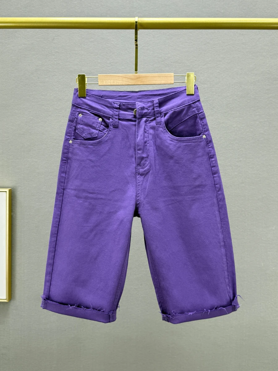 

Женские джинсовые шорты с высокой талией, облегающие, длиной до колена, эластичные, летние, новые, из хлопка, стрейч-деним, модные