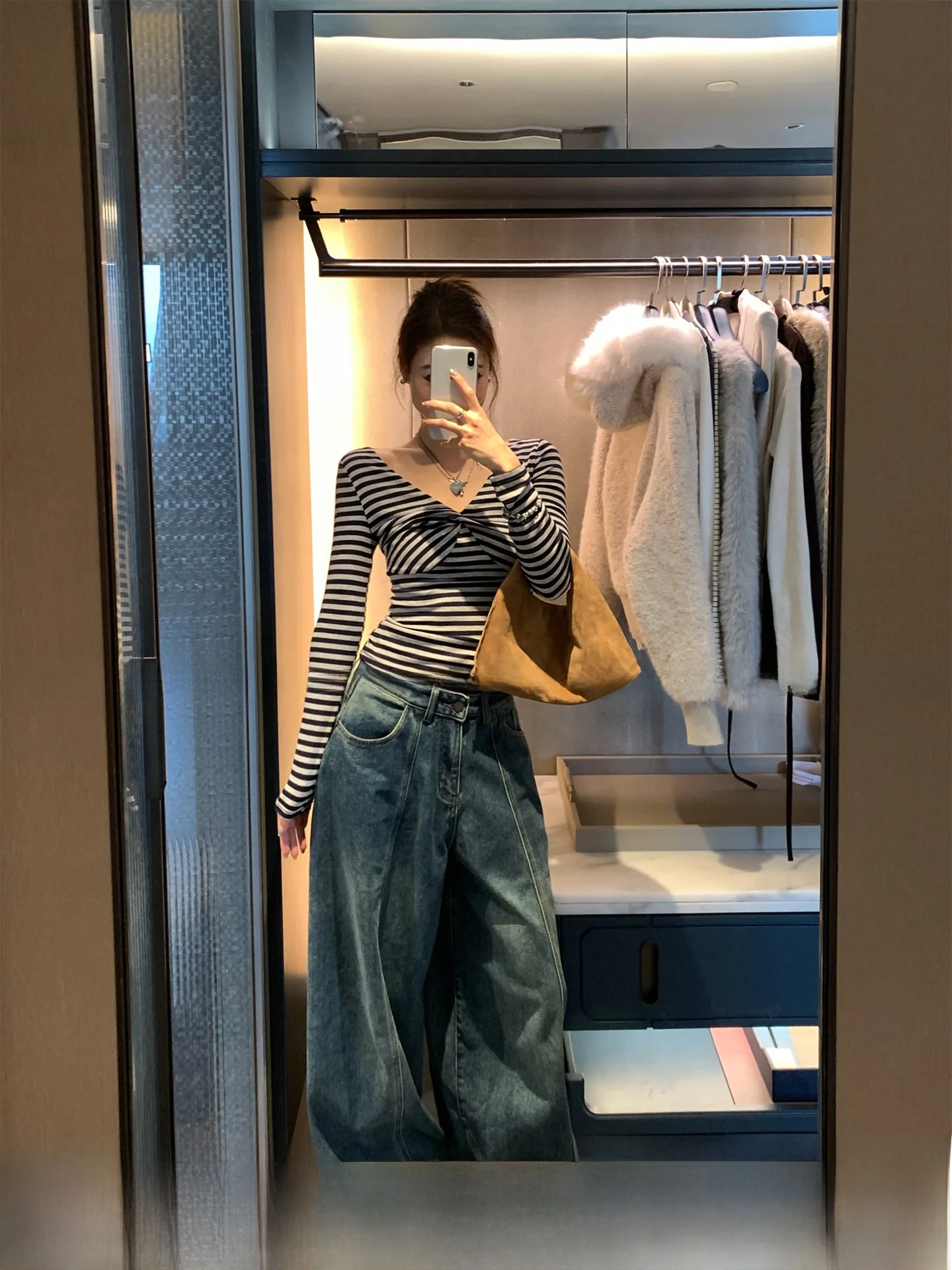 

GV Wide Leg Jeans Denim Straight Cut Women's Washed Casual Trousers Deconstructed Design Summer Loose Fit Natural Waist