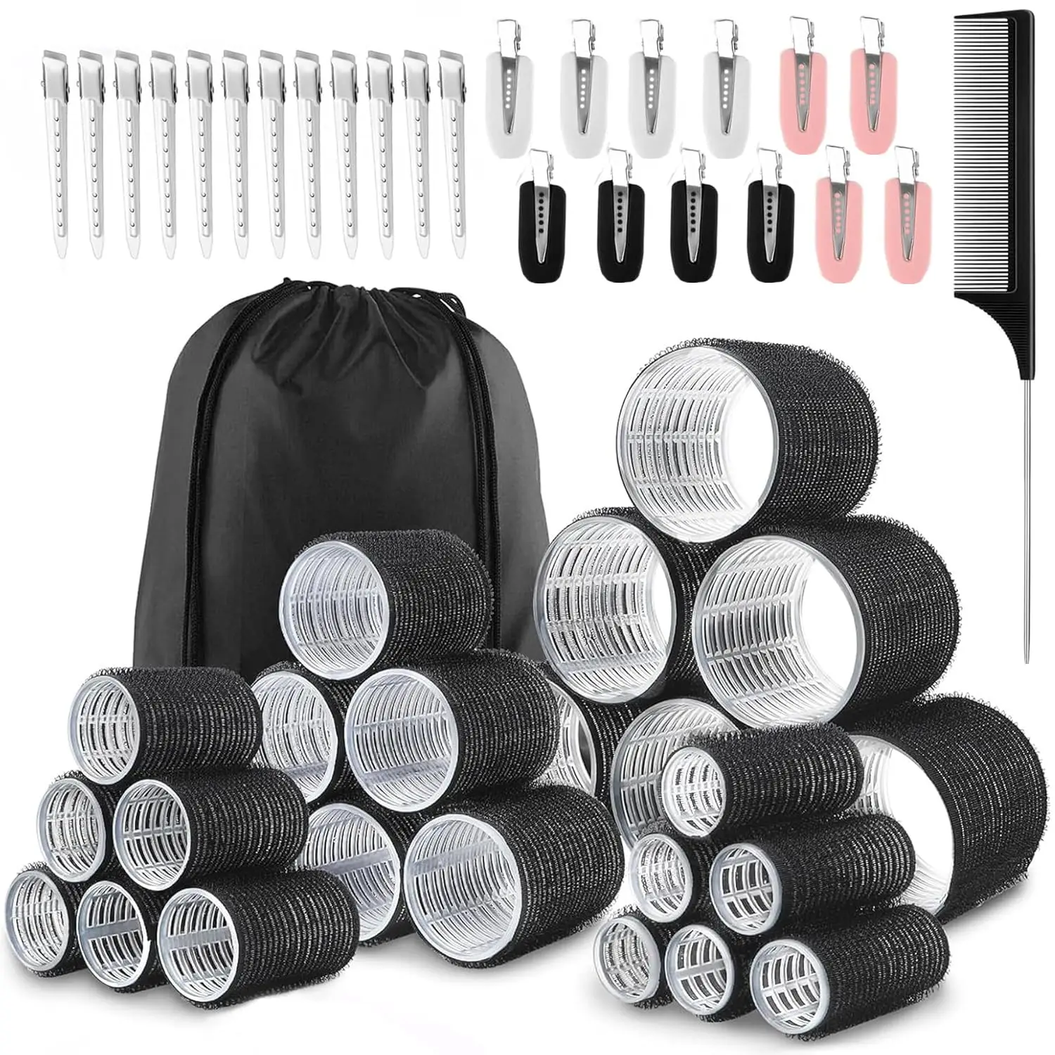 

50Pcs Hair Rollers Set with Clips, Self Grip Curlers for Long Medium Short Hair, 4 Sizes 60 45 36 25mm