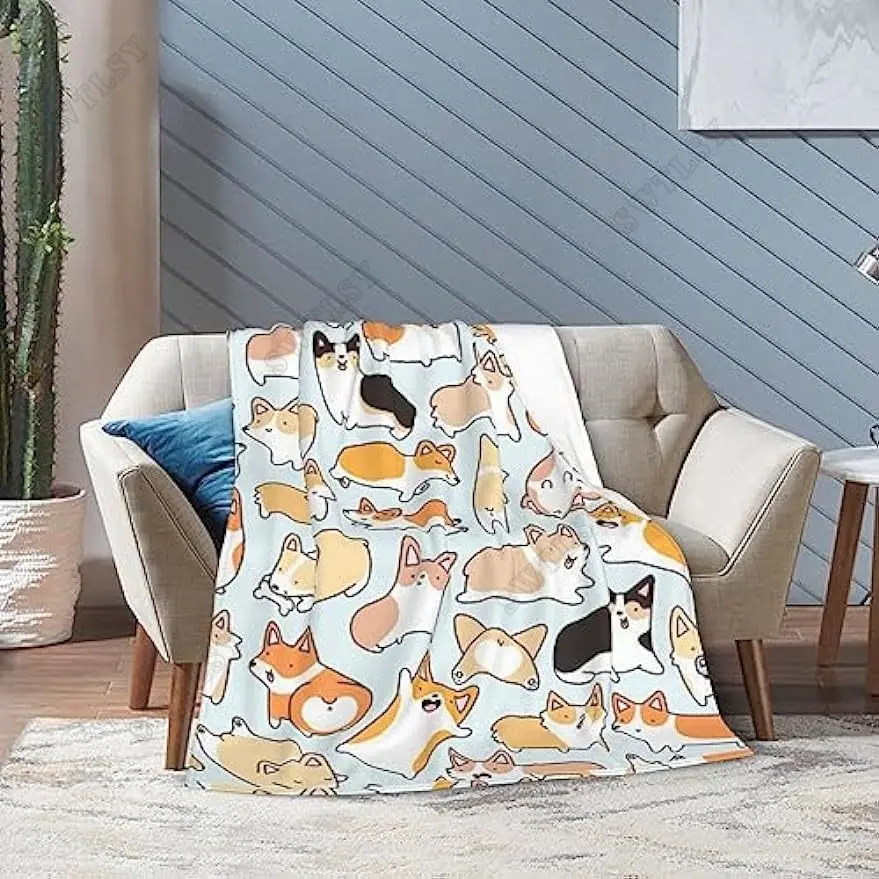 Cozy Flannel Blanket - Corgi Pattern Printed Soft Fleece Bed Blanket for Warmth and Comfort