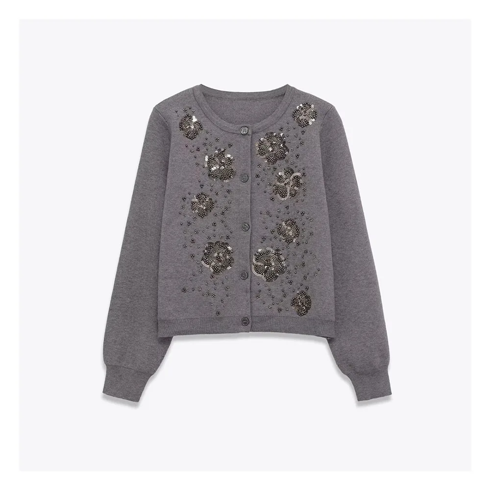 

Autumn New Women's Fashion Handmade Beaded Round Neck Long Sleeve Knitted Coat