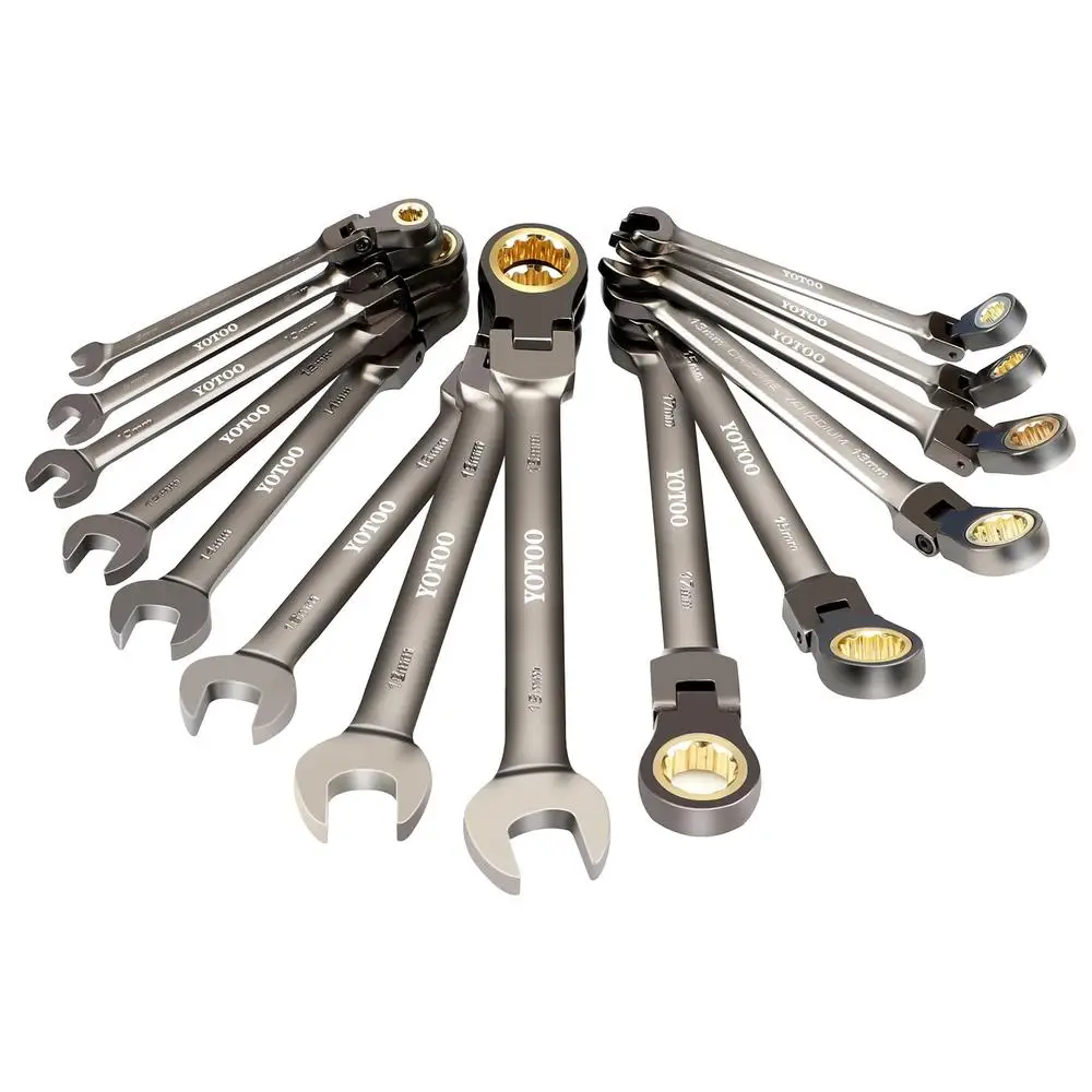 Metric Flex Head Ratcheting Wrench Set 6-19mm 14-Piece Nickel Plating Storage Pouch