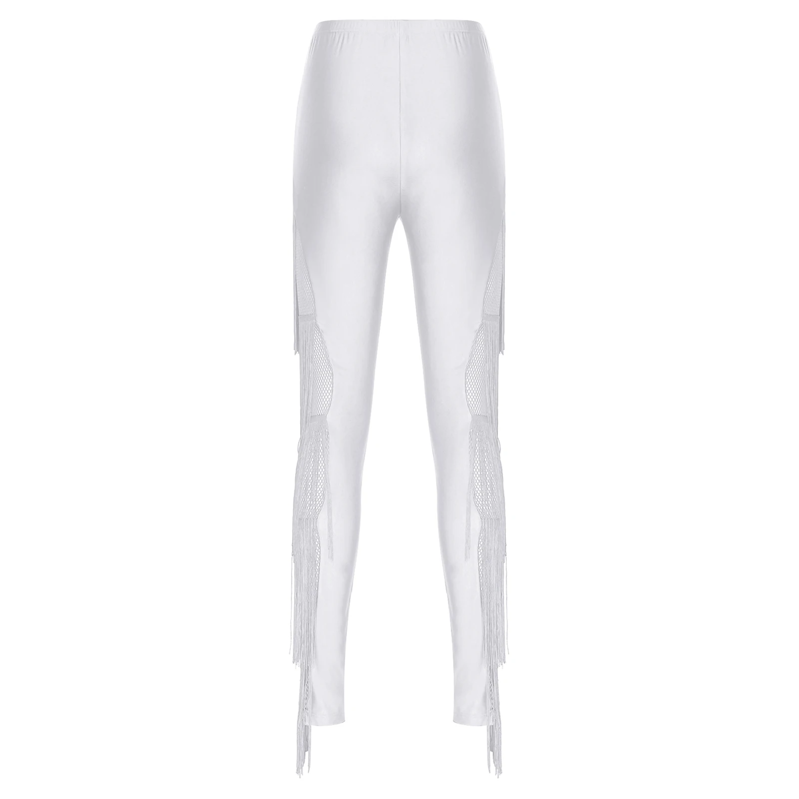Women Latin Chacha Dance Leggings Side Sheer Mesh Tiered Tassel Elastic Waistband Skinny Pants Tfor Tango Salsa Dance Costume