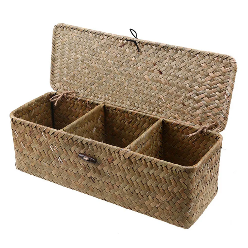 

Three Grids Storage Crate Sundries Organizer Wicker Straw Basket Woven Cosmetics Holder Hand-woven Baskets