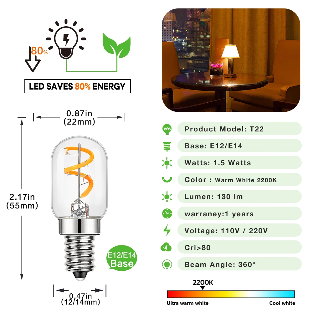 Mini tubo de bombilla Led T22 E14, 220V, 1,5 W, E12, 110V, lámpara de filamento en espiral regulable, lámparas de sal blancas cálidas Vintage, luz nocturna, decoración del hogar