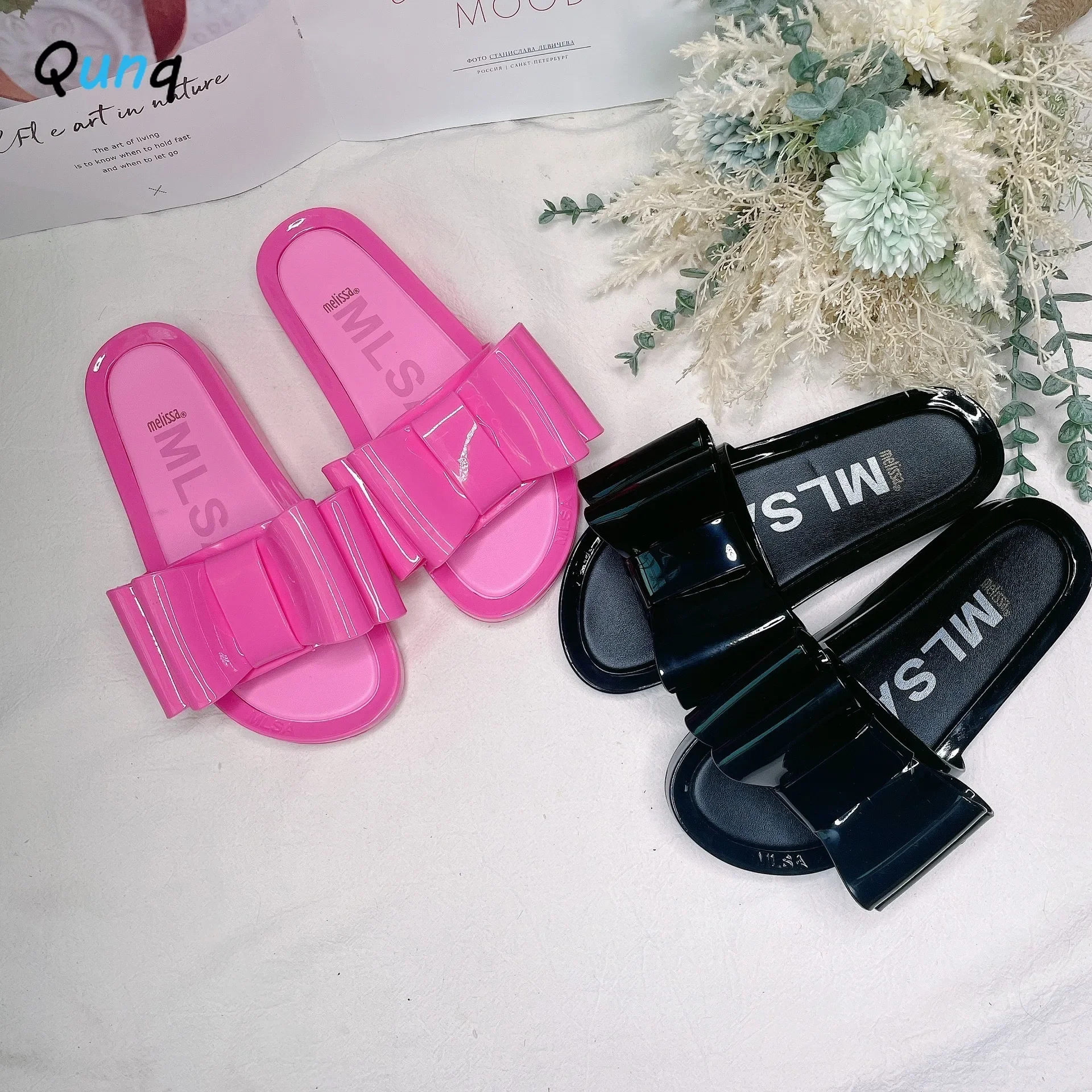 Qunq One Word Solid Jelly Bowknot Quick Dry Breathable Slipper Outdoor Beach Slipper Casual Lovely Flat Heel Shousehold Slippers