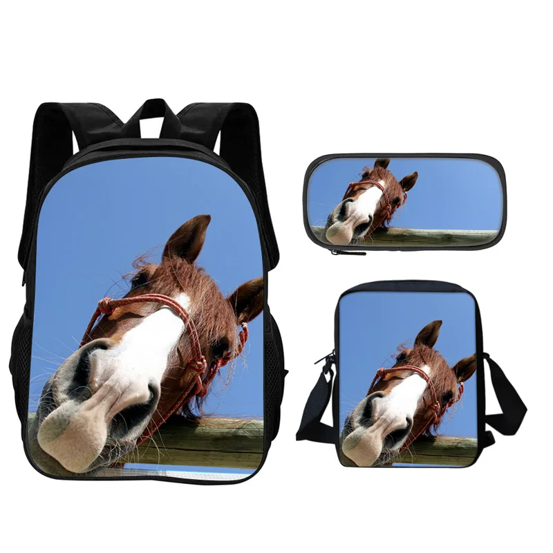 Horse backpack, pencil case, shoulder bag 3Pcs Set animal horse 3D printing large capacity student new style handsome and casual