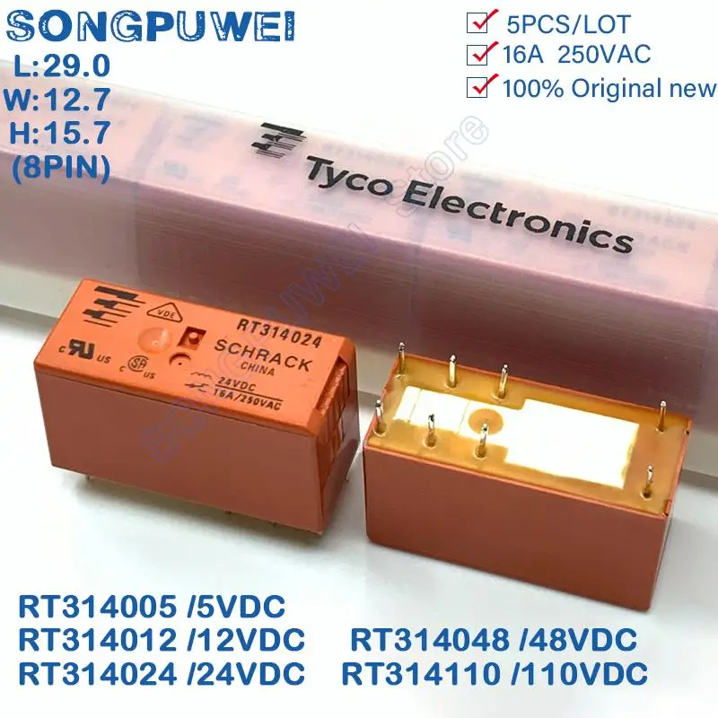 5Pcs/Lot RT314 8Pin 16A 250VAC Relays 5V 12V 24V 48V DC RT314005 RT314012 RT314024 RT314048 SPDT 1 Form C 100% Original New