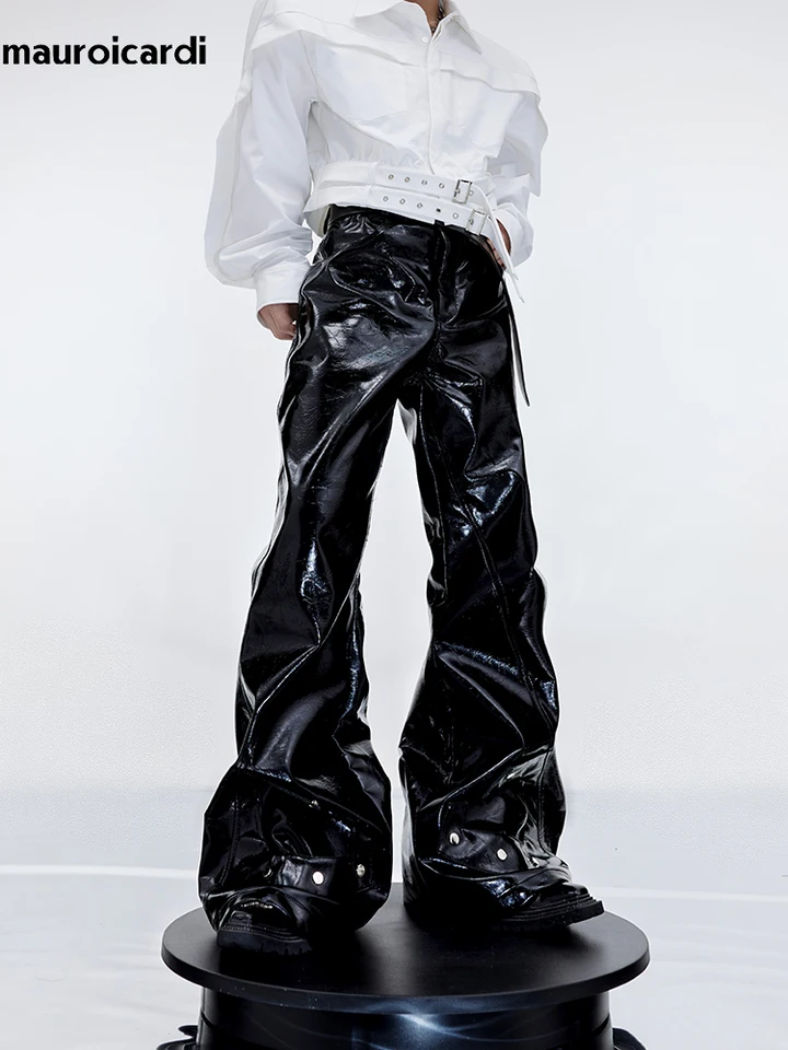 Mauroicardi Spring Autumn Cool Black Shiny Reflective Pu Leather