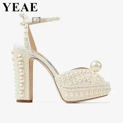 2023 Women White Pearl Beaded Chunky Sandals Peep Toe High Heel Platform Women's Shoes Luxury Design Wedding Party Sandals Woman