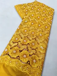 5 Yards French Lace Fabrics Quality 2024 Yellow African Chiffon Cord Lace Fabric With Sequins Stones French Lace Dress Wp439-3