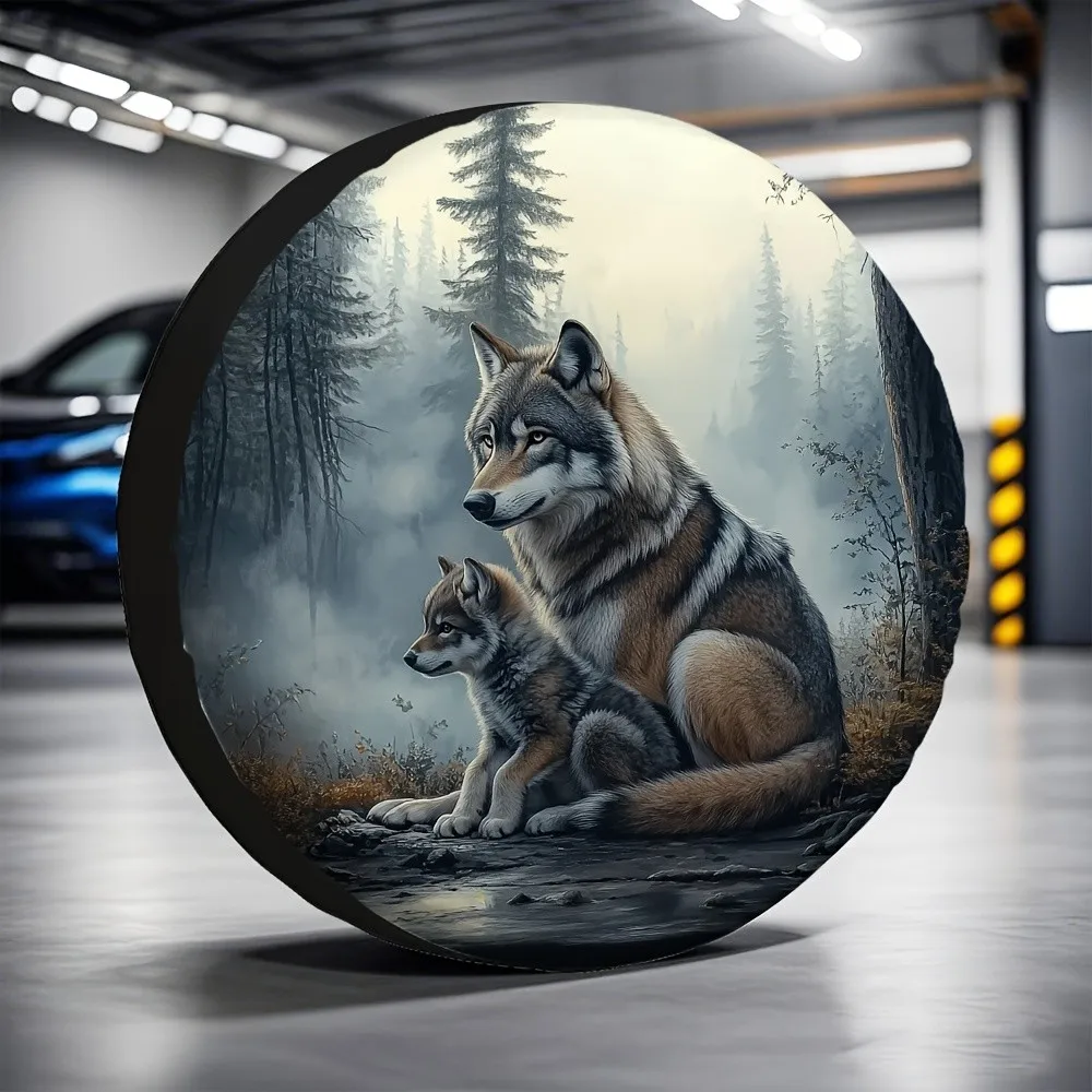 

Wolf And Coyote Forest Scene Tire Cover Durable Polyester RV Spare Wheel Protector for