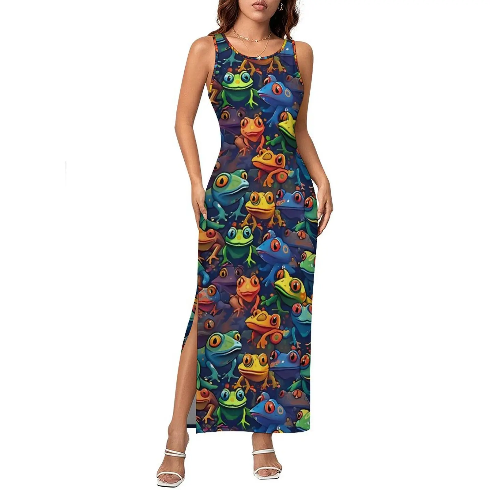 Woman Colorful Frogs Dress Animal Aesthetic Bodycon Dress Summer Sleeveless Slim Sexy Maxi Dresses Graphic Oversized Clothes