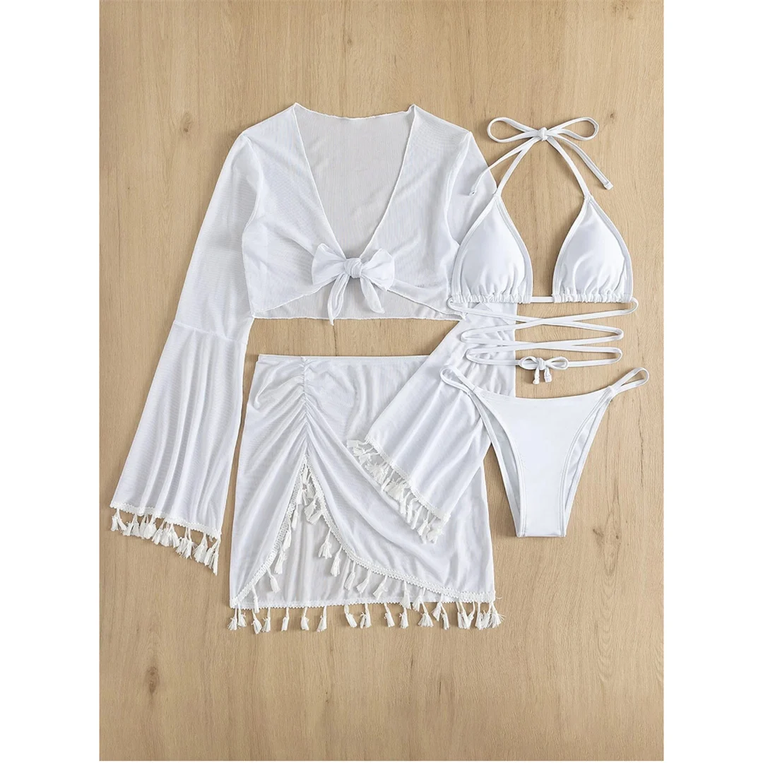 S - XL, mit Fransenrock, langärmeliges Bikini-Set für Damen, Badebekleidung, vierteiliges Bikini-Set, Badeanzug, Badebekleidung, Modell V7060. – Detail 31